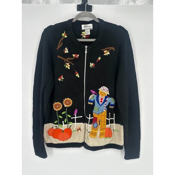 All Points Cardigan Zip Novelty Sweater Womens L Autumn Halloween Fall Pumpkin - Picture 1 of 10
